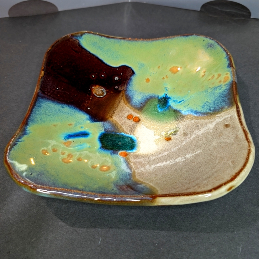 Hand made signed drip glaze chocolate/moss/taupe 10" square heavy pottery plate